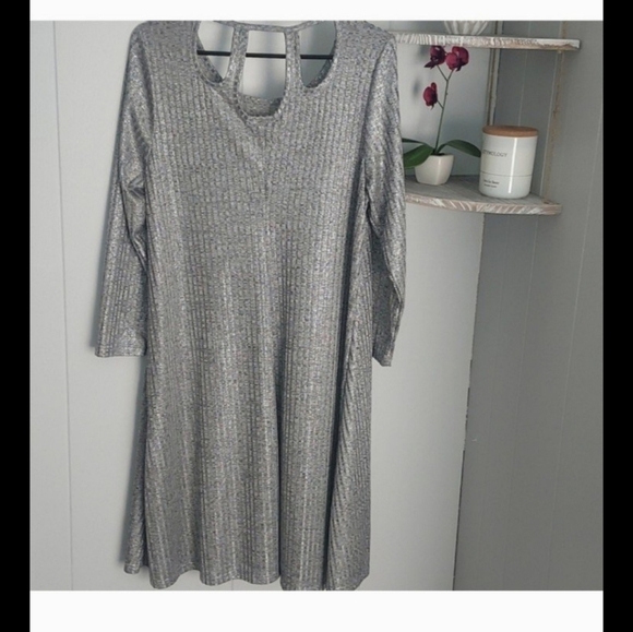 🍂🍁NWOT TORRID 1X Silver Metallic Shimmer Ribbed Knit Trapeze Dress - Picture 3 of 5